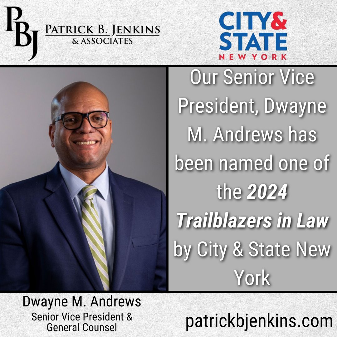 Congratulations on being named to City & State’s inaugural Trailblazers in Law list, a spotlight on a select group of leaders who are using their legal training to make the world a better place.

#PBJA #PatrickBJenkinsandAssociates #TrailblazersinLaw #CityandStateNY