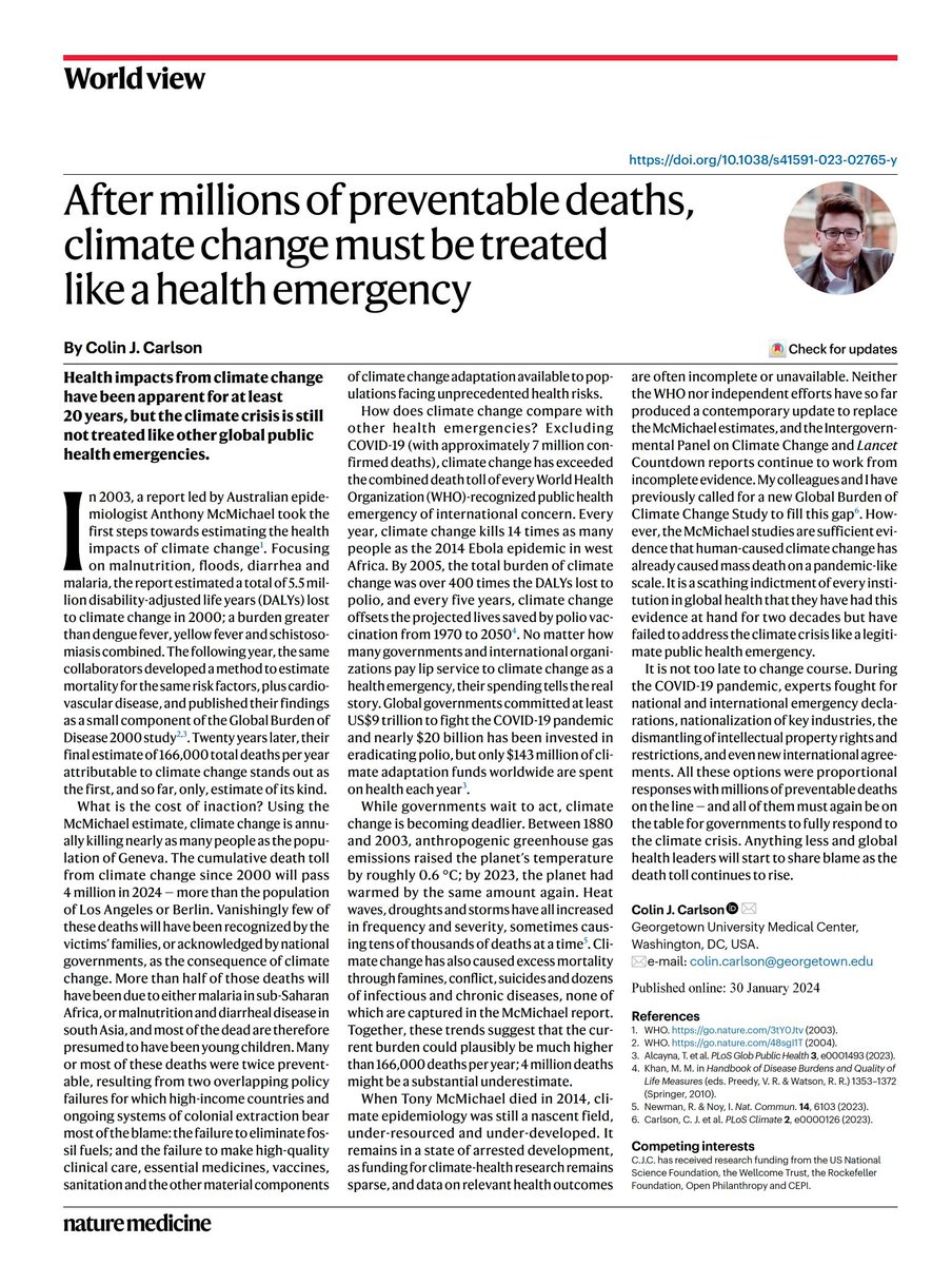Two must-read articles by @ColinJCarlson: “Health impacts from #climatechange have been apparent for at least 20 years, but the climate crisis is still not treated like other global #publichealth emergencies.” nature.com/articles/s4159…