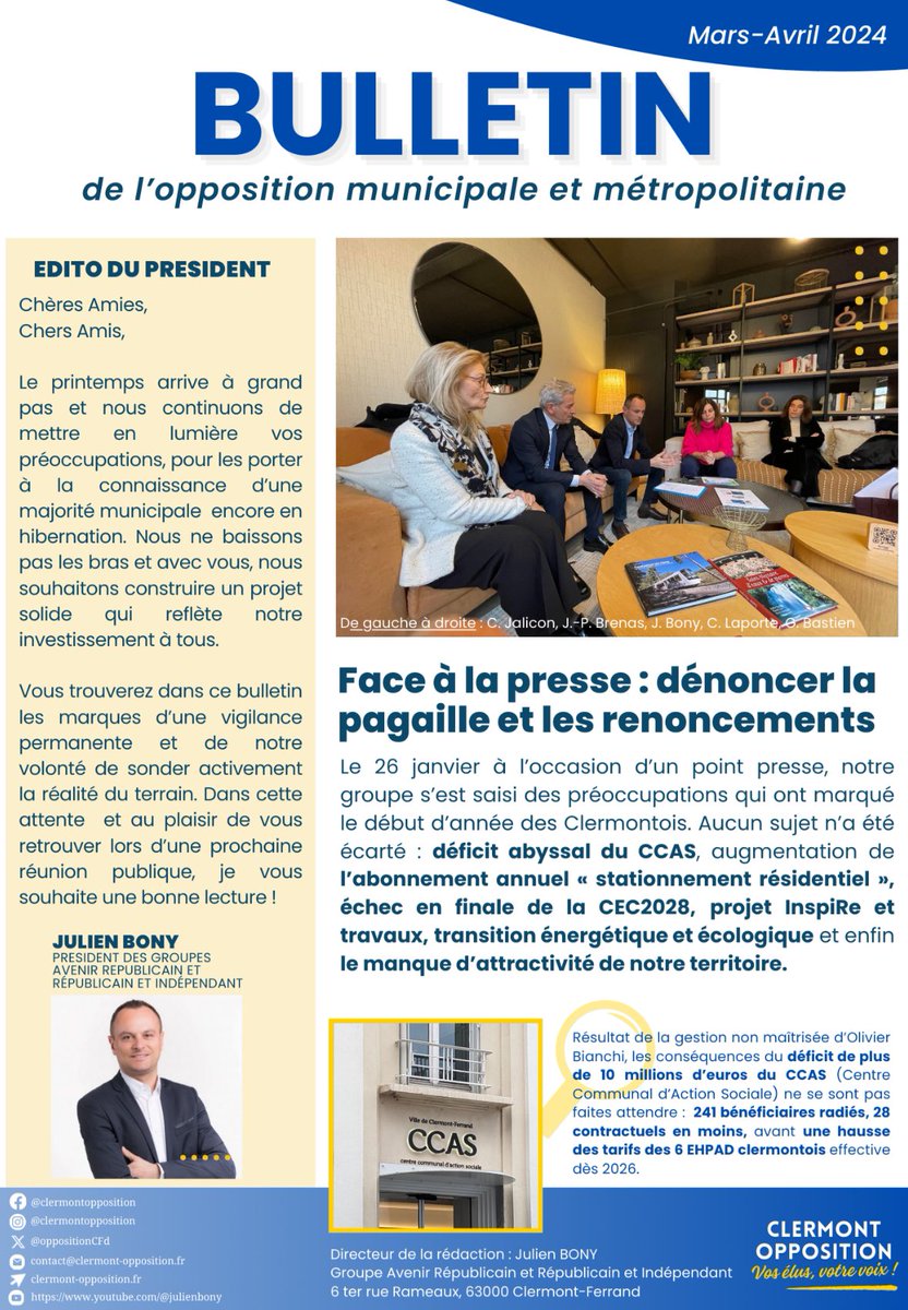 JulienBony's tweet photo. Retrouvez toute l’actualité des élus du groupe d’opposition à la ville et à la métropole dans le nouveau bulletin bimestriel ⤵️
Dans les prochaines semaines je continuerai d’aller à la rencontre des Clermontois sur le terrain et au travers de 4 réunions publiques.
#ParlonsDeVous https://t.co/LDRQCDod3g