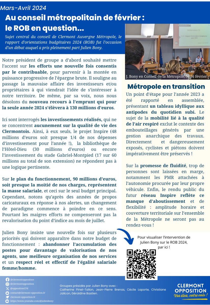 JulienBony's tweet photo. Retrouvez toute l’actualité des élus du groupe d’opposition à la ville et à la métropole dans le nouveau bulletin bimestriel ⤵️
Dans les prochaines semaines je continuerai d’aller à la rencontre des Clermontois sur le terrain et au travers de 4 réunions publiques.
#ParlonsDeVous https://t.co/LDRQCDod3g