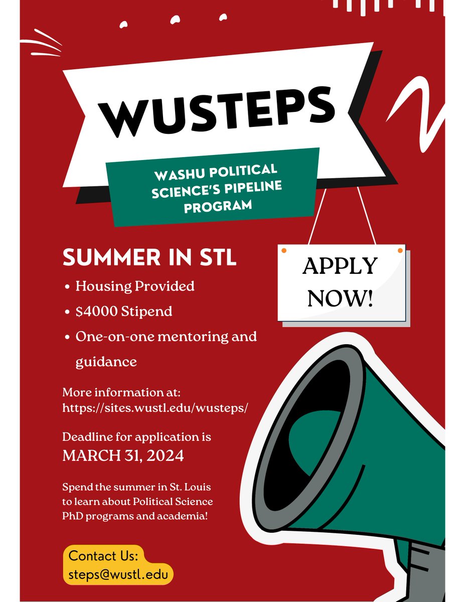 We (@WUSTLPoliSci) are hosting our second summer research program for undergraduates! We begin reviewing applications in 2 weeks. If you know students who are thinking of grad school and want to get hands-on research experience, encourage them to apply at: sites.wustl.edu/wusteps/