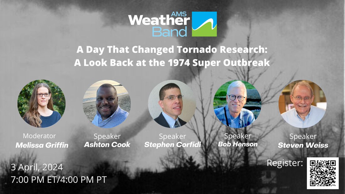 American Meteorological Society (@ametsoc) on Twitter photo On the 1974 Super Outbreak's 50th anniversary, we invited experts <a href="/arcook75/">Ashton Robinson Cook</a>, Stephen Corfidi, <a href="/bhensonweather/">Bob Henson</a>, Steven Weiss, moderated by <a href="/mlgriffinWX1/">Melissa Griffin</a>, to chat about one of the worst and most violent tornado outbreaks in the U.S. history.
Register today: bit.ly/48QM1Ty On the 1974 Super Outbreak's 50th anniversary, we invited experts <a href="/arcook75/">Ashton Robinson Cook</a>, Stephen Corfidi, <a href="/bhensonweather/">Bob Henson</a>, Steven Weiss, moderated by <a href="/mlgriffinWX1/">Melissa Griffin</a>, to chat about one of the worst and most violent tornado outbreaks in the U.S. history.
Register today: bit.ly/48QM1Ty