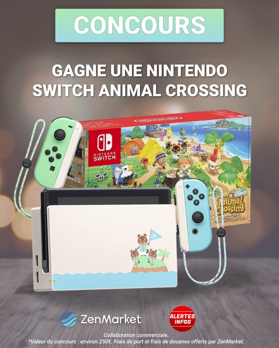 🚨🎁 JEU CONCOURS Pour vous (re)donner le sourire, on vous propose de remporter un superbe lot comprenant une Nintendo Switch + 1 manette + le jeu Animal Crossing. 🍀 Pour participer : - RT + like ce tweet - Follow @AlertesInfos et @zenmarket_fr 📅 TAS le 18/04.