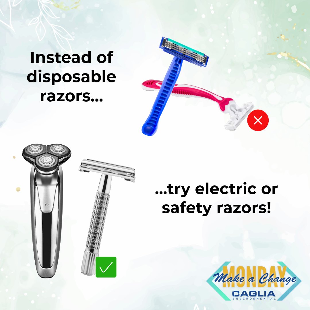 Happy Make a Change Monday! This week, we suggest making the switch from disposable plastic razors to electric or safety razors. Plastic razors are NOT recyclable. Will you give this eco-friendly swap a try? #makeachangemonday 
#safetyrazor #reducereuserecycle