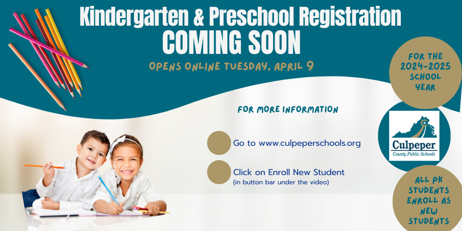 Coming Soon: PK & Kindergarten Registration for 2024-2025 opens online April 9 culpeperschools.org/article/151194…