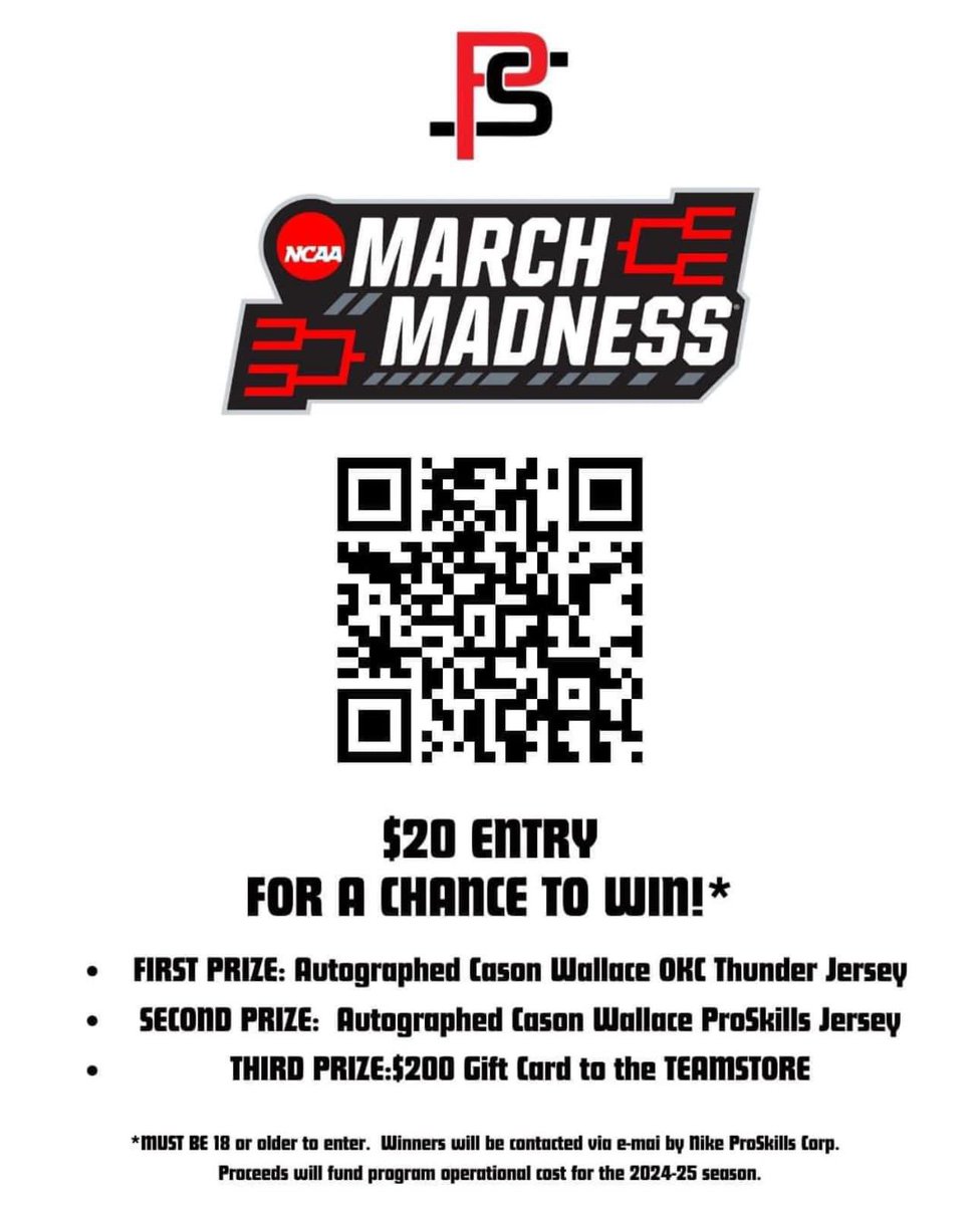 Hello, everyone! Here is our first fundraiser for ProSills 16 EYBL.🖤❤️ This is going to be so much fun! 🏀March Madness is here and it’s your shot to win big with ProSkills! Join our Fundraiser to support our 2024-2025 season🏀 ⚫️Entry: $20 🔴1st Prize: Autographed Cason…