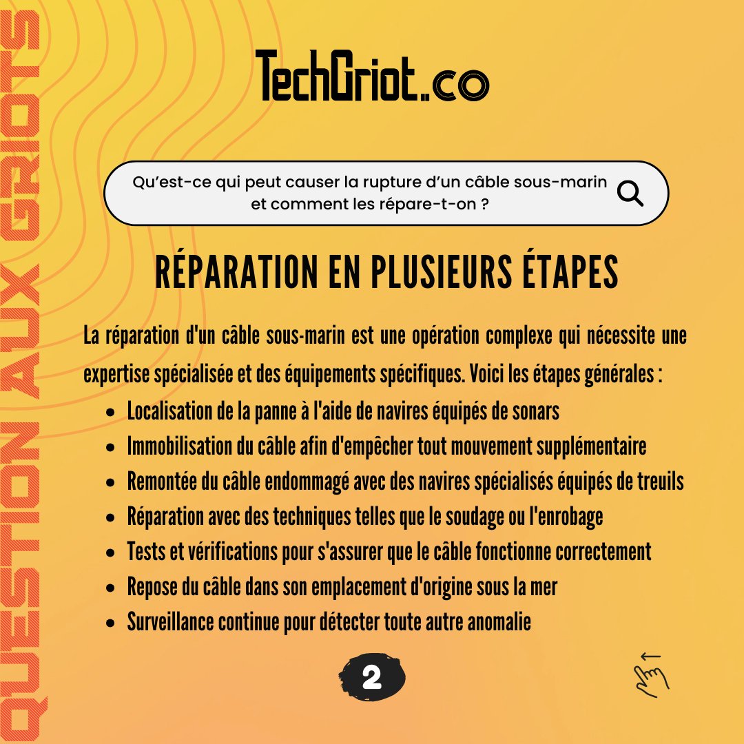 TechGriot's tweet photo. Suite à une rupture de câbles sous-marins la semaine dernière, de nombreux pays africains ont rencontré des difficultés d'accès à internet. Une de nos lectrices nous a demandé les causes de ce type de rupture. Nous y répondons dans la #QuestionAuxGriots de la semaine. https://t.co/ZvIP8qTffe