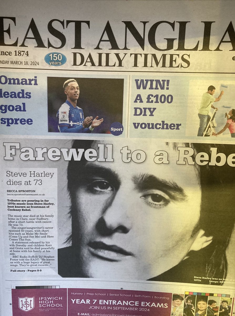 TRextasyBand's tweet photo. Nice to see Steve Harley on the front page of local newspaper ‘East Anglian Daily Times’. Just how it should be as well. Hardly anything on local news for such an iconic star of our times! #eastangliandailytimes. @itvanglia #bbceast #steveharley @BBCSuffolk @BBCEssex https://t.co/GgFPh4XJj2