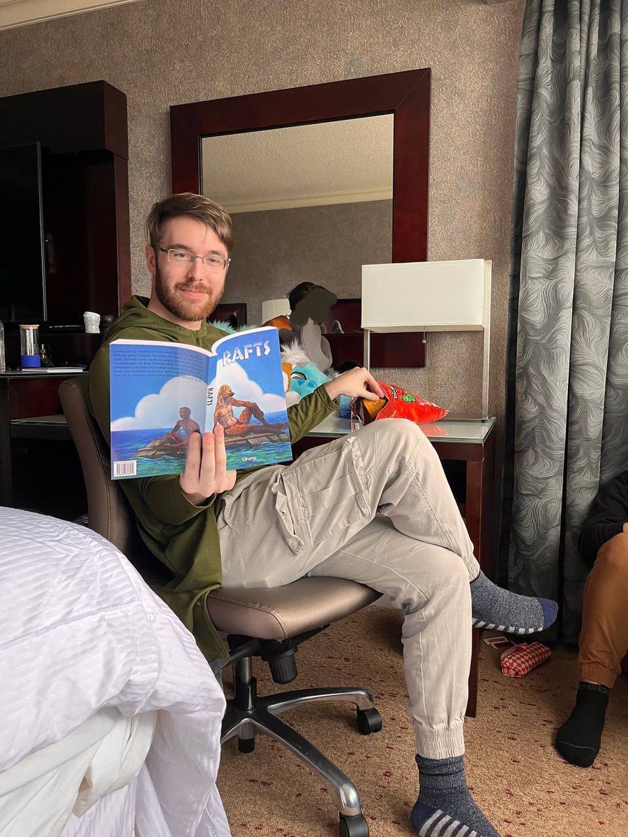 Meme pic aside, Rafts by <a href="/WildDogUtunu/">oo TOO noo</a> must have been my favorite find of #FE2024's dealers den!  Sweet, heartwarming and unlikely love story combined with beautifully written spicy scenes~

Pleeeeease, if you enjoy 18+ furry literature, consider this as your next read! 💚