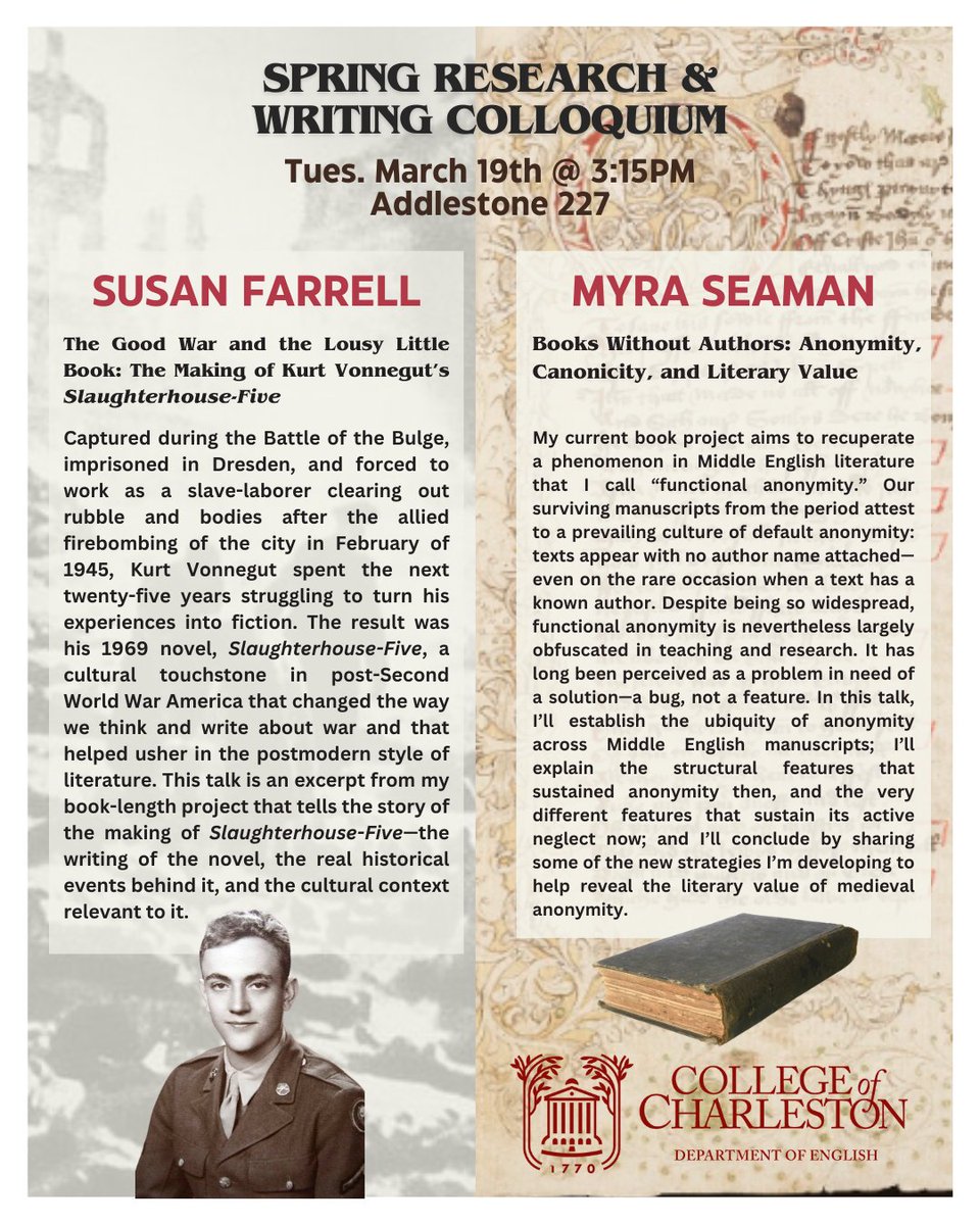 Join us TOMORROW on Tues. March 19th for our Spring Research &amp; Writing Colloquium featuring Prof. Susan Farrell and Prof. Myra Seaman!