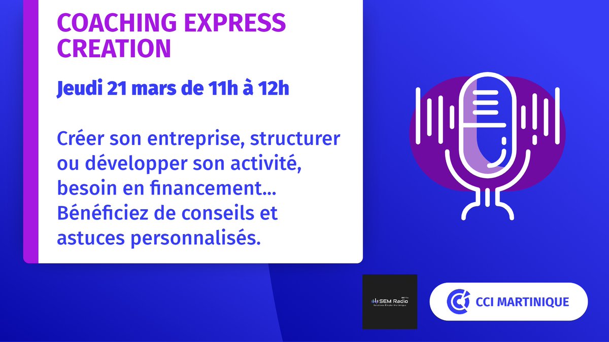 QUOI DE NEUF PATRON 

DES CONSEILS PERSONNALISÉS POUR BOOSTER VOTRE ENTREPRISE 

Jeudi 21 mars de 11h à 12h

Inscrivez-vous pour une séance de coaching express gratuite et découvrez les astuces et conseils des experts de la CCI Martinique ➡️ bit.ly/44ChiHL