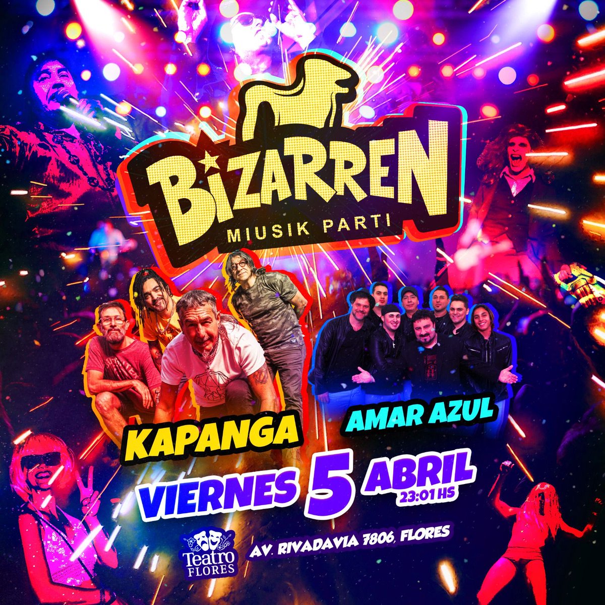 Luego de la tremenda fiesta en GEBA Atentis que se viene una nueva @bizarren !!!!
🎉 Viernes 5 de abril, 23hs. en el @teatroflores junto a @amarazul_oficial.  🎟️ Anticipadas disponibles en Passline y los lugares de siempre‼️

#EnLaBizarrenTodoElAñoEsCarnaval