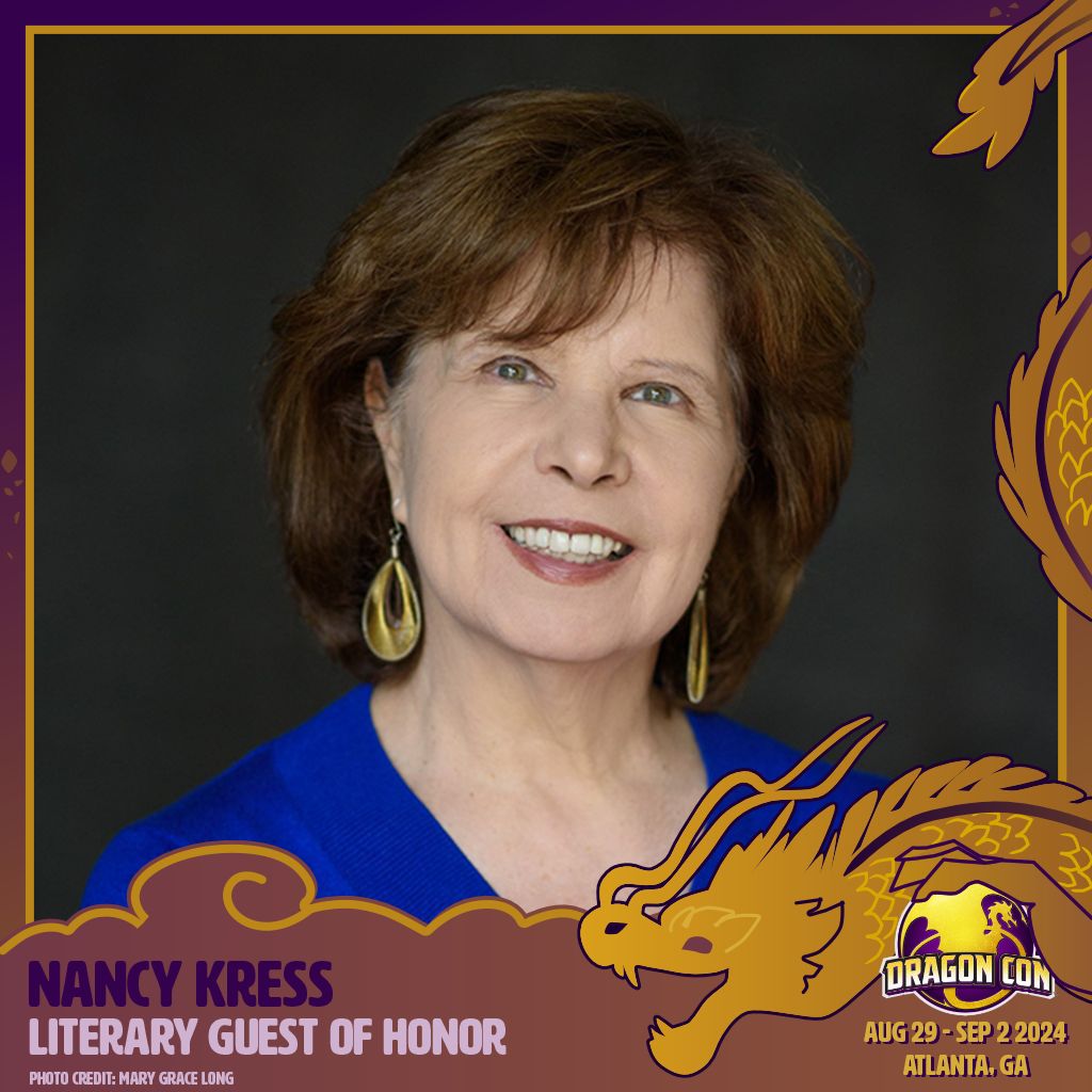 DragonCon's tweet photo. Her work has won six Nebulas, two Hugos, and has been translated into Klingon! We are beyond excited to welcome @nancykress to #DragonCon2024 as our Literary Guest of Honor! https://t.co/uUfCmx95LP