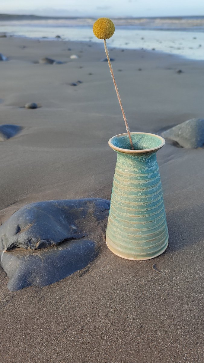 The sunny weather took me and some pots to the beach today. What do you think? A new glaze on the vase and a new thing in the shape of an oil or dressing bottle. Click to expand... #MadeinWales #MHHSBD #WelshCraftHour