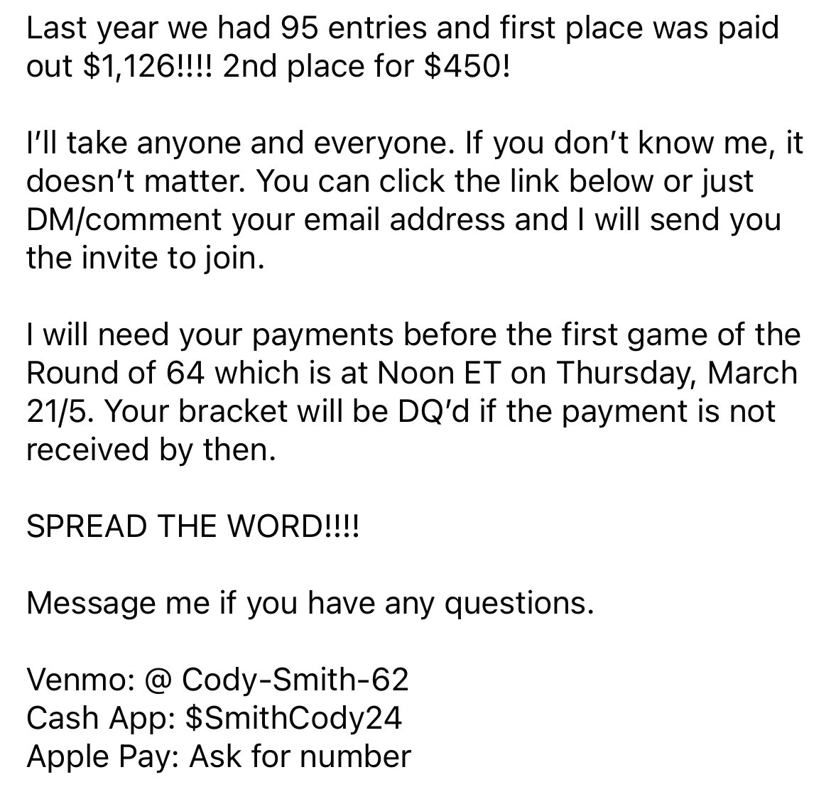 Cody____Smith's tweet photo. March madness is here!! Big bracket challenge for anyone and everyone!!

https://t.co/6a1LccaYOr https://t.co/LdgYUPckIM