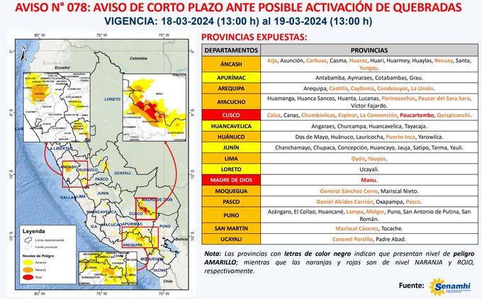 En las provincias Paucartambo (Cusco) y Manu (Madre de Dios) habría activación de quebradas (nivel rojo) hasta el 19/3, de acuerdo al Senamhi