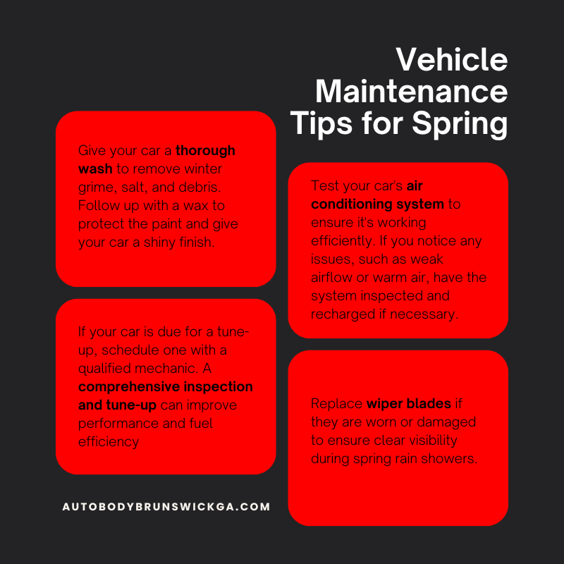 Spring is a great time to give your car some extra attention after the winter months. Here are some spring tips to help you get your car ready for the warmer season:

#DependableBodyShopInc #Autobodypainting #AutoPaint #Carpaint #Carpainting #Brunswickautobodyshop