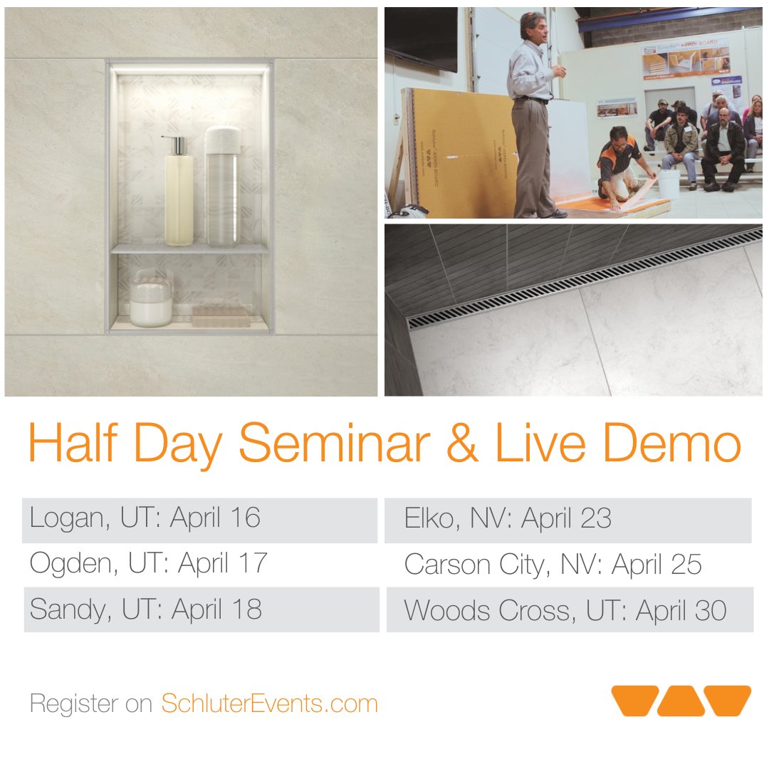 We've got some half-day seminars and live demonstrations coming up in Utah and Nevada. We'll be talking about: •KERDI-LINE-VARIO variable length linear drains •Shower niches with integrated LIPROTEC LED lighting •New products Register here: schluterevents.com/en/north_ameri… #schluter