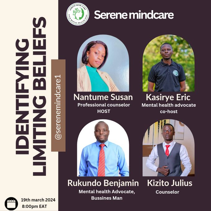 Join us for a this discussion on 'Limiting Beliefs' tomorrow at 8pmEAT. 

 Explore the power of our beliefs and how they shape our lives. Let's uncover the barriers holding us back and discover pathways to personal growth. Don't miss out! #LimitingBeliefs #SereneMindcare