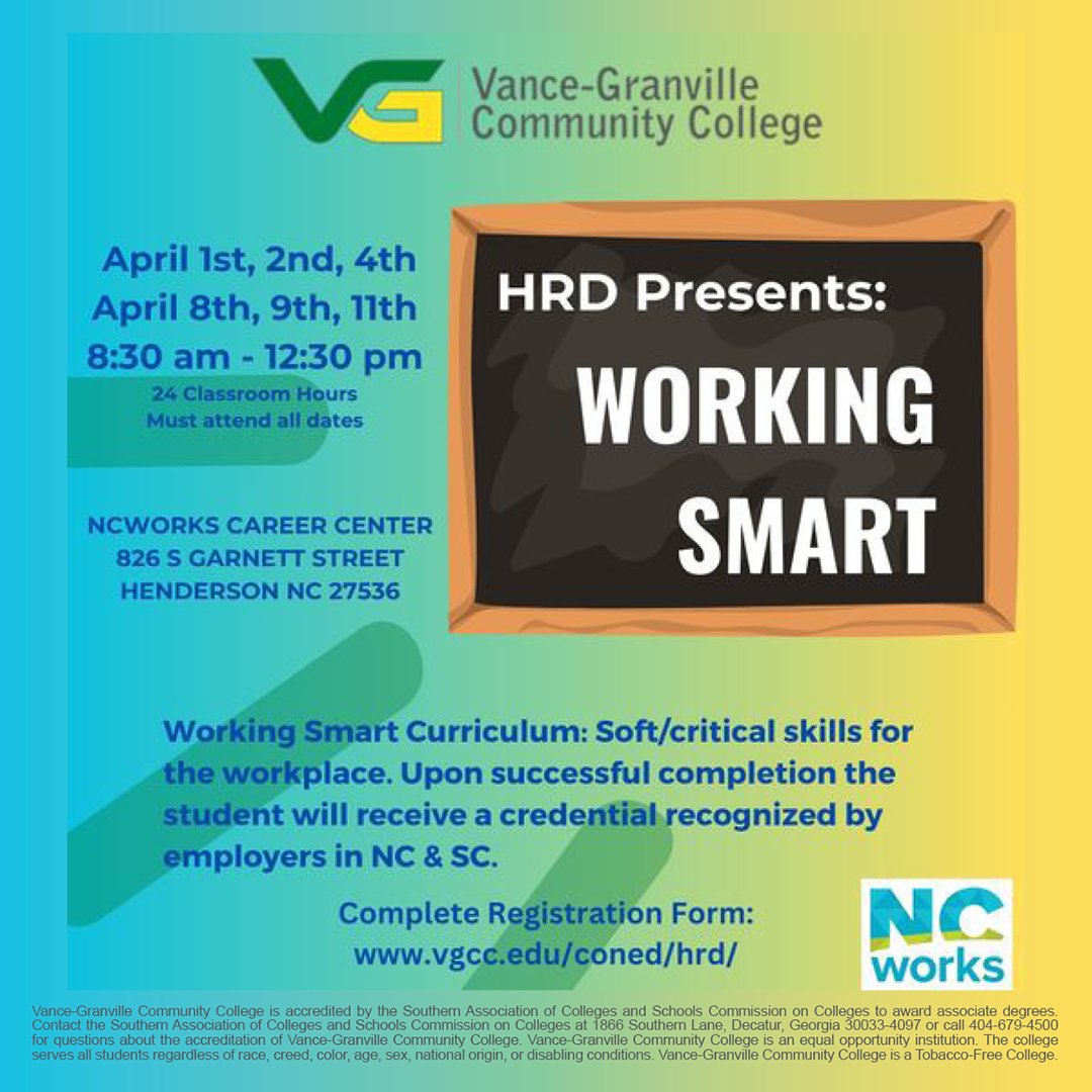 📢 Attention jobseekers: VGCC is partnering with @NCWorks to offer Working Smart, a ✨no-cost✨ workshop designed to equip you with skills that boost your productivity as an employee! Register today ➡️ vgcc.edu/coned/hrd #educate #inspire #support #YourCommunityYourCollege