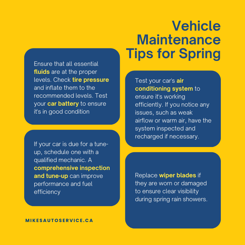 Spring is a great time to give your car some extra attention after the winter months. Here are some spring tips to help you get your car ready for the warmer season:

#MikesAutoServiceCalgary #CarMaintenance #CarDiagnostics #WheelAndTireServices #CarInspections