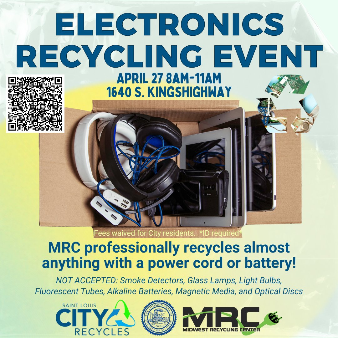 Have old electronics laying around? Come to our Electronics Recycling Event Saturday, April 27th! City residents can drop off electronics for free with a valid ID. Fees do apply for non-city residents.

#ElectronicsRecycling #FreeFreeFree #SparkChange #STLCityRecycles #STLCity