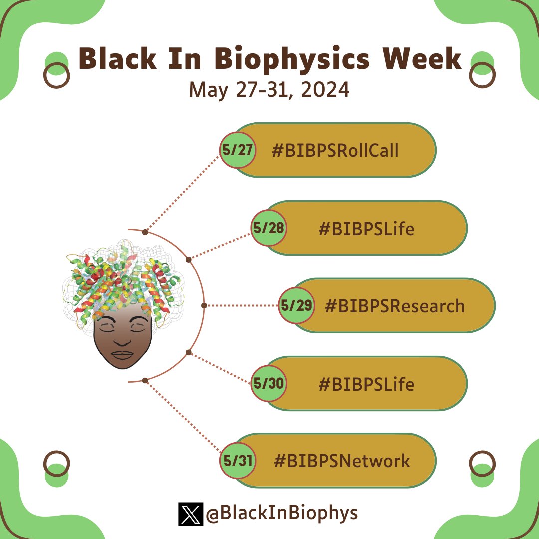 Happy #BiophysicsWeek! 🥳 #BlackInBiophysicsWeek 2024 is COMING SOON!!! 🙌🏾#BIBPSWeek is from Monday, May 27th to Friday, May 31st. Mark your calendars! 📅 Stay tuned for additional details. Please RT and help us spread the word! #BIBPS24 #BlackInBiophysics