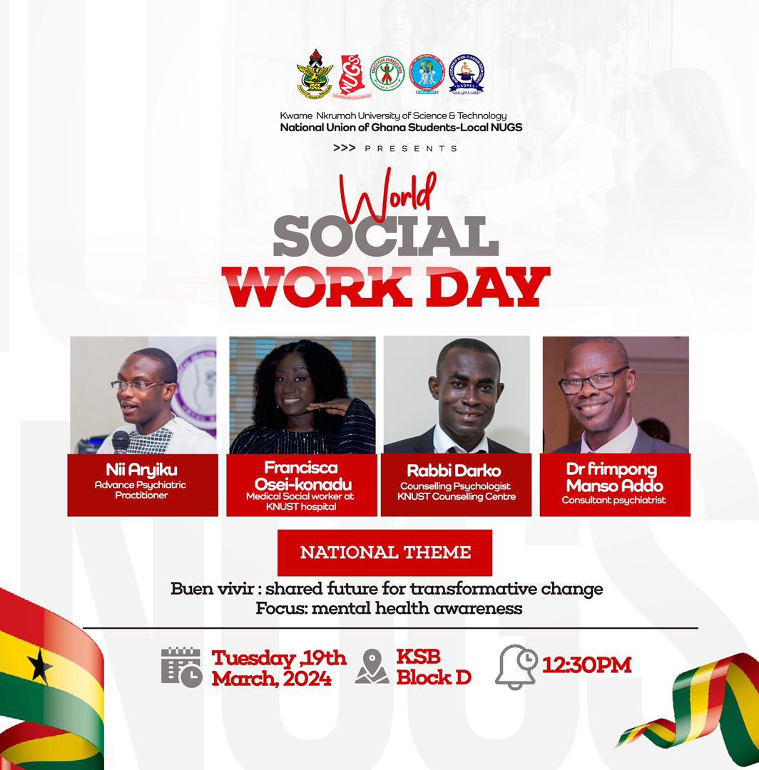 lnugsknust's tweet photo. KNUST LNUGS will celebrate the World Social Work day, tomorrow, at the KSB block D, 12:30pm prompt.

 Be there!
#StopDrugAbuse
#StopStigmatization https://t.co/rExQ9NXUGZ