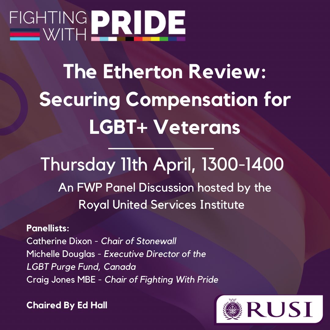 We’re at @RUSI_org this April for a panel discussion on the compensation scheme for LGBT+ Veterans recommended in Lord Etherton’s report, published last year. We’d love to see you there! To attend this event, please register via this link: wkf.ms/3IEGbtQ