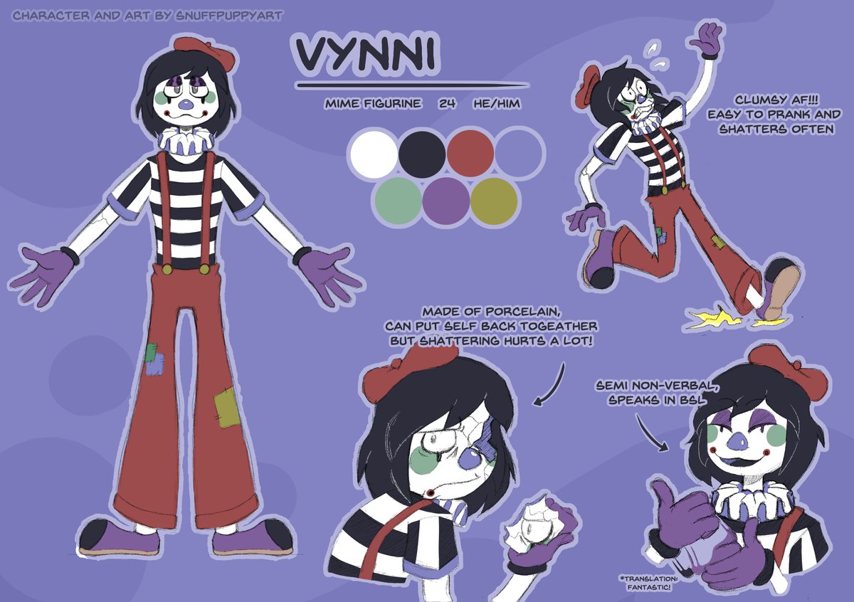 Made myself a TADC oc, Vynni the porcelain mime! He's inspired by a porcelain clown that sits on my dresser lol