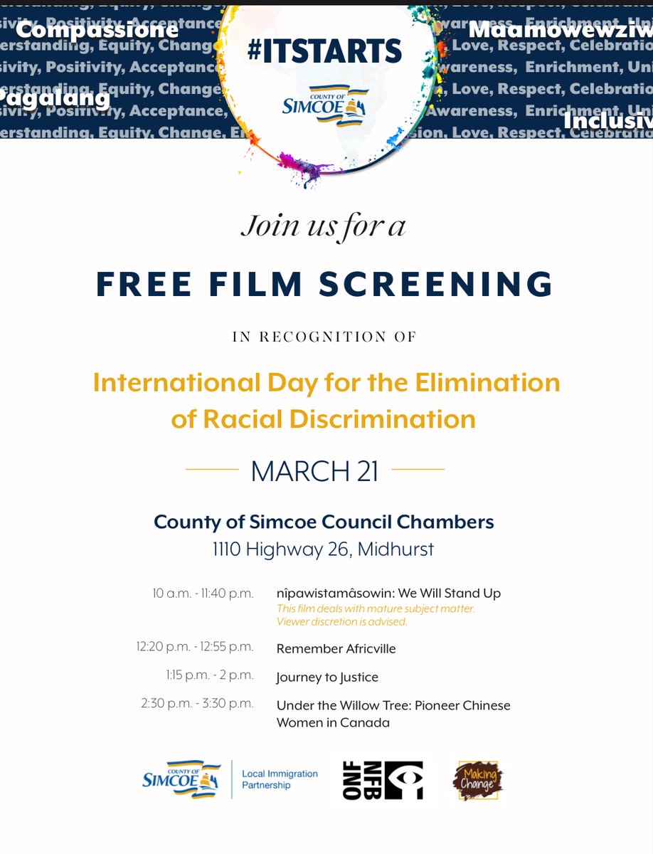 Making Change (@makingchangesc) on Twitter photo Join us Thursday, March 21st, for a groundbreaking film screening in support of #ITSTARTS. The month of March is dedicated to raising awareness of racism throughout <a href="/simcoecounty/">County of Simcoe</a>.
Thanks to the National Film Board, short docs are featured during the day. Join us Thursday, March 21st, for a groundbreaking film screening in support of #ITSTARTS. The month of March is dedicated to raising awareness of racism throughout <a href="/simcoecounty/">County of Simcoe</a>.
Thanks to the National Film Board, short docs are featured during the day.