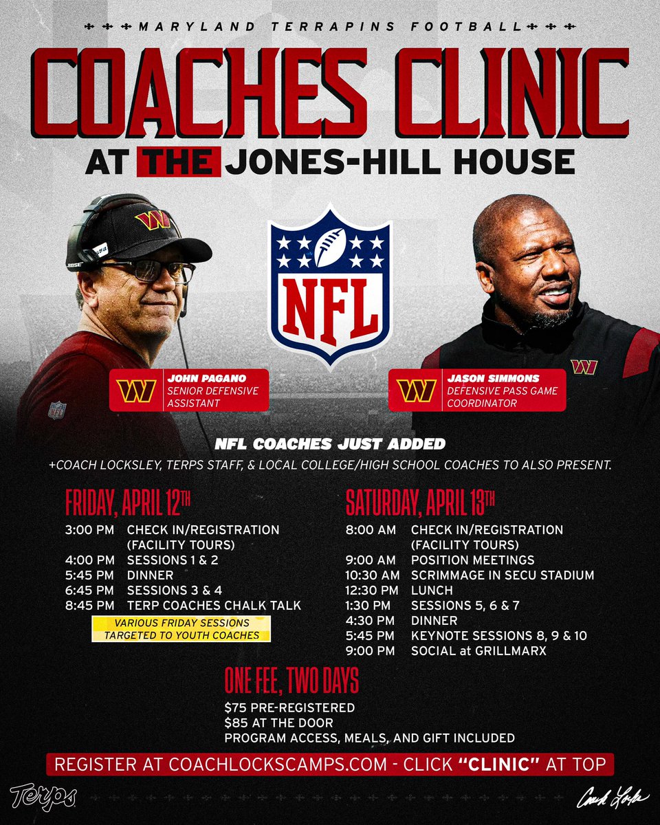 WASHINGTON COMMANDERS coaches added! Visit coachlockscamps.com and click/tap CLINIC at top/in menu to register. Friday April 12th and Saturday April 13th. Youth and high school coaches, come get better. Jones-Hill House, College Park. 🐢
