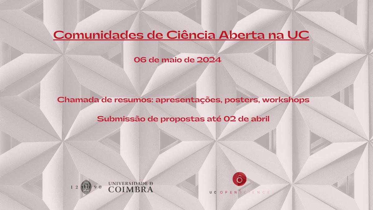 Data estendida para a submissão de propostas para o evento Comunidades de Ciência Aberta na UC. 

Envie sua proposta até o dia 02 de abril! 

Mais informações: uc.pt/openscience/so…

#OpenScience #CiênciaAbertaUC