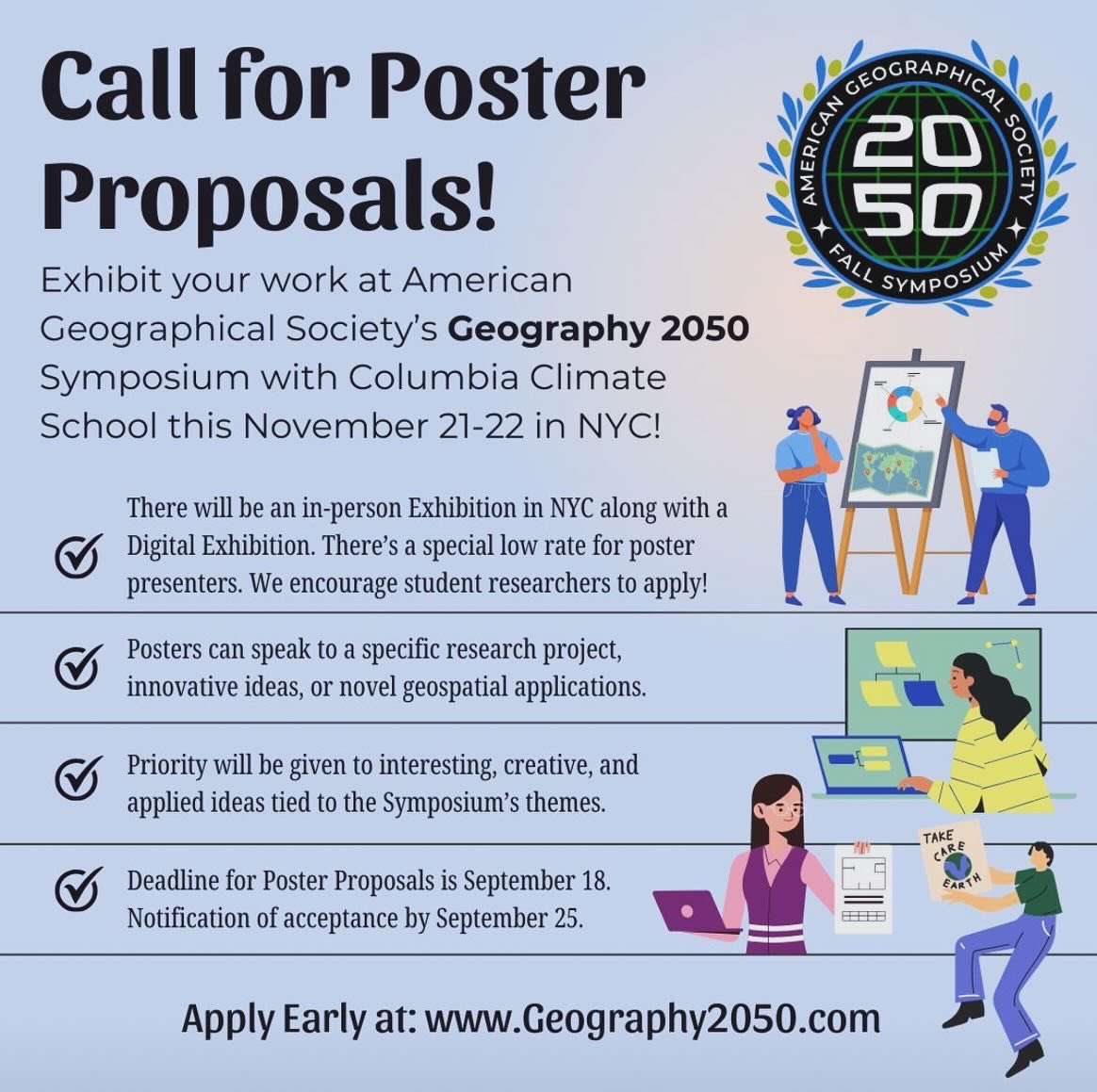 Call for Proposals for the Fall Symposium’s Poster Exhibition and Lightning Talk Sessions! Submit your proposal(s) early and present this November in NYC. geography2050.org/posters-info @columbiaclimate #geography #gis #mapping #geotech #geoscience #remotesensing #satelliteimagery