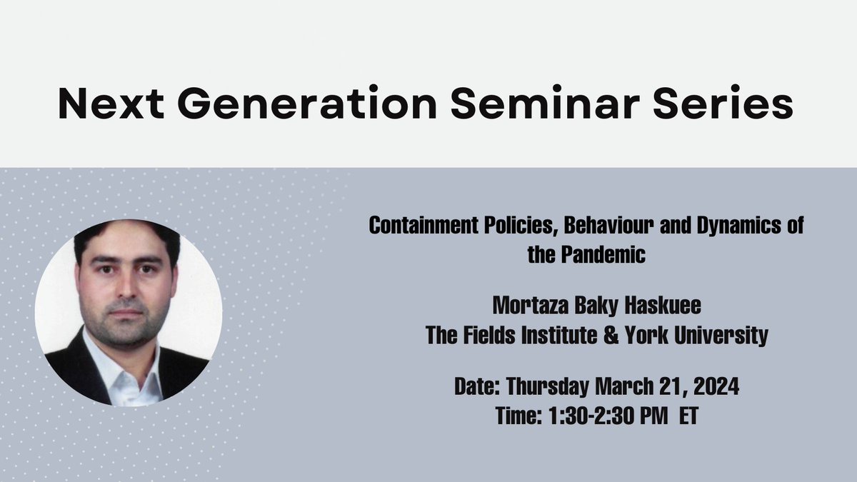 Mathematics for Public Health (@m4publichealth) on Twitter photo Join us <a href="/MfPHNextGen/">MfPH Next Generation</a> for a talk titled "Containment Policies, Behaviour and Dynamics of the Pandemic" by Dr. Mortaza Baky Haskuee of <a href="/FieldsInstitute/">The Fields Institute</a> & <a href="/YorkUniversity/">York University</a> on Thursday March 21 at 1:30 PM ET. For more info & registration: tinyurl.com/4eey7n7p Join us <a href="/MfPHNextGen/">MfPH Next Generation</a> for a talk titled "Containment Policies, Behaviour and Dynamics of the Pandemic" by Dr. Mortaza Baky Haskuee of <a href="/FieldsInstitute/">The Fields Institute</a> & <a href="/YorkUniversity/">York University</a> on Thursday March 21 at 1:30 PM ET. For more info & registration: tinyurl.com/4eey7n7p
