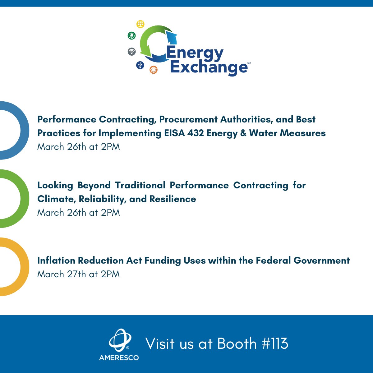 Join us at @ENERGY FEMP's #EnergyExchange2024 event starting Tues., 3/26 in Pittsburgh. We'll be speaking at several sessions & exhibiting at Booth 113 to share how Ameresco is helping the #Federal government become a leader in the #cleanenergy transition. hubs.ly/Q02pRSPP0