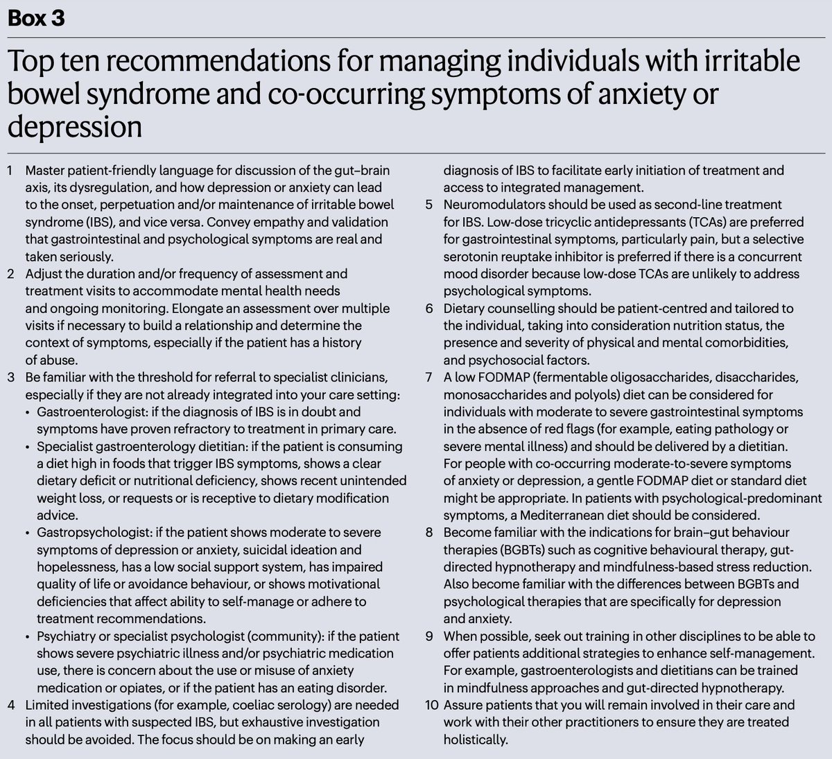 @NatRevGastroHep @hmstaudacher @DrCJBlack @Scottbteasdale @AntMikocka @drlauriekeefer @DrvanTilburg @IBS_Maastricht @DrElyseThakur @KewinSiah @ANMSociety An #integrated care approach that addresses #GI symptoms with #nutrition and #BrainGutBehaviorTherapies is considered the gold standard‼️
✳️Top 🔟 #Recommendations @NatRevGastroHep 
#IBS #CognitiveBehaviouralTherapy #GutDirectedHypnotherapy #MindfulnessBasedStressReduction👏