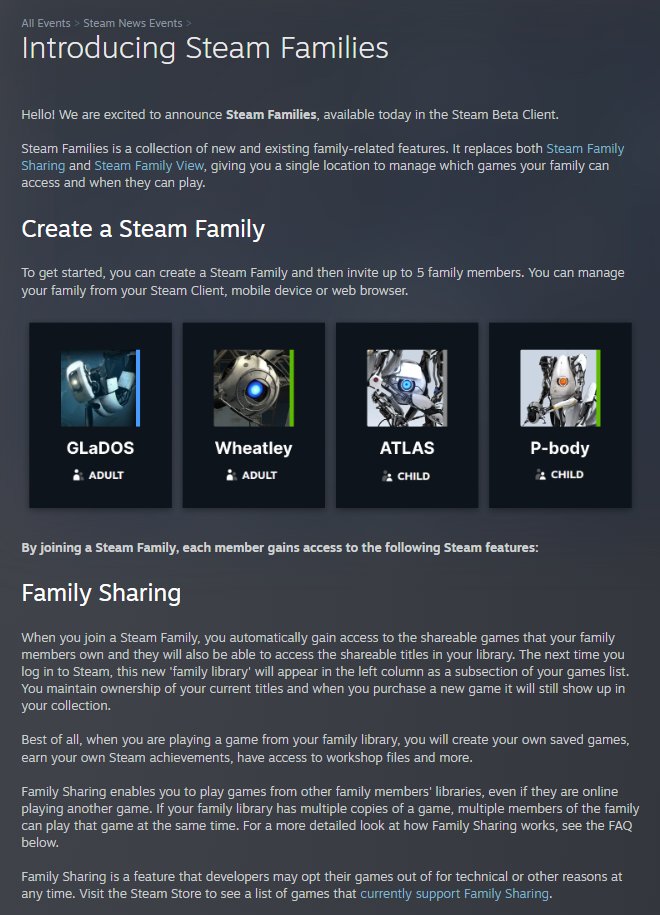 Wario64's tweet photo. Valve announces Steam Families available today on Steam Beta Client https://t.co/qMWr7lBCIy

Intended for a household of up to 6 close family members for game sharing 

Enables users to play games from other family members' libraries even if they are online playing another game https://t.co/z7vQEz1iuW