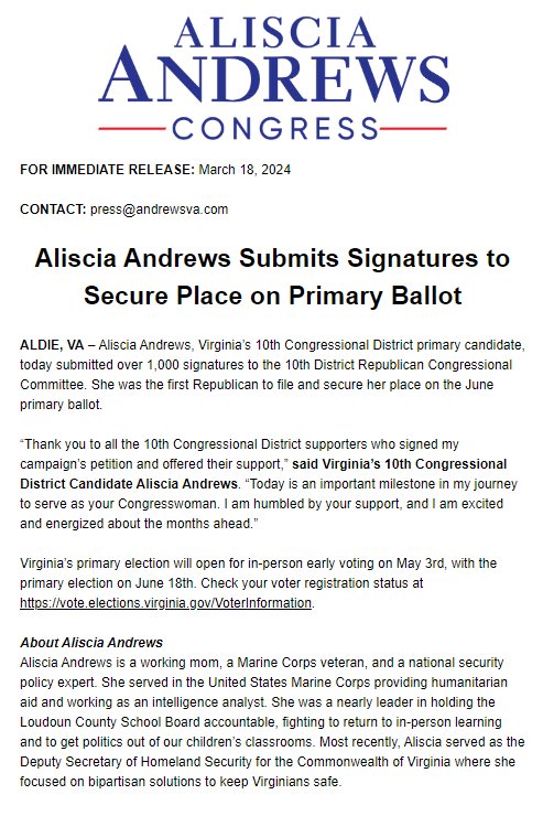 It’s official 🎉#TeamAndrews has submitted our official paperwork to be on the ballot! Thank you to everyone who signed our petition- I am humbled by your support. Want to get involved with the campaign? Head to ➡️andrewsva.com to learn more!

#VA10 #vapol