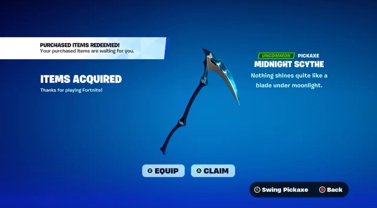 FortnitePV2's tweet photo. Like this tweet and reply if you still need the Midnight Scythe Pickaxe for FREE from me! Don’t miss this chance. https://t.co/s8gQY7dJVI