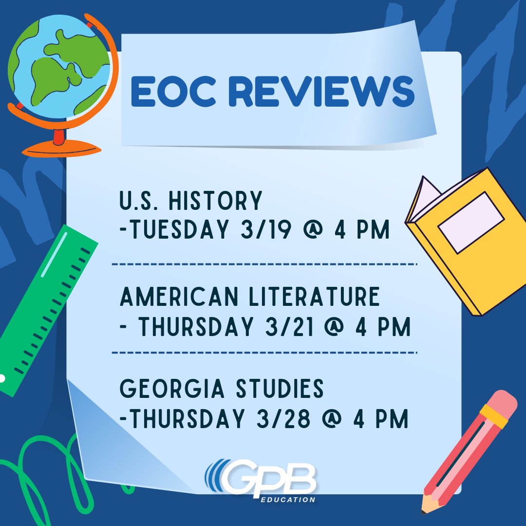 GPBEducation's tweet photo. We're offering a series of quick but loaded virtual gatherings where you'll dive into the dynamic world of free resources, specially curated to review, remediate, and elevate your students as they prepare for the End of Course/End of Grade test.

Register: https://t.co/hAFH7vQkFR https://t.co/ftDLzw2Cjm