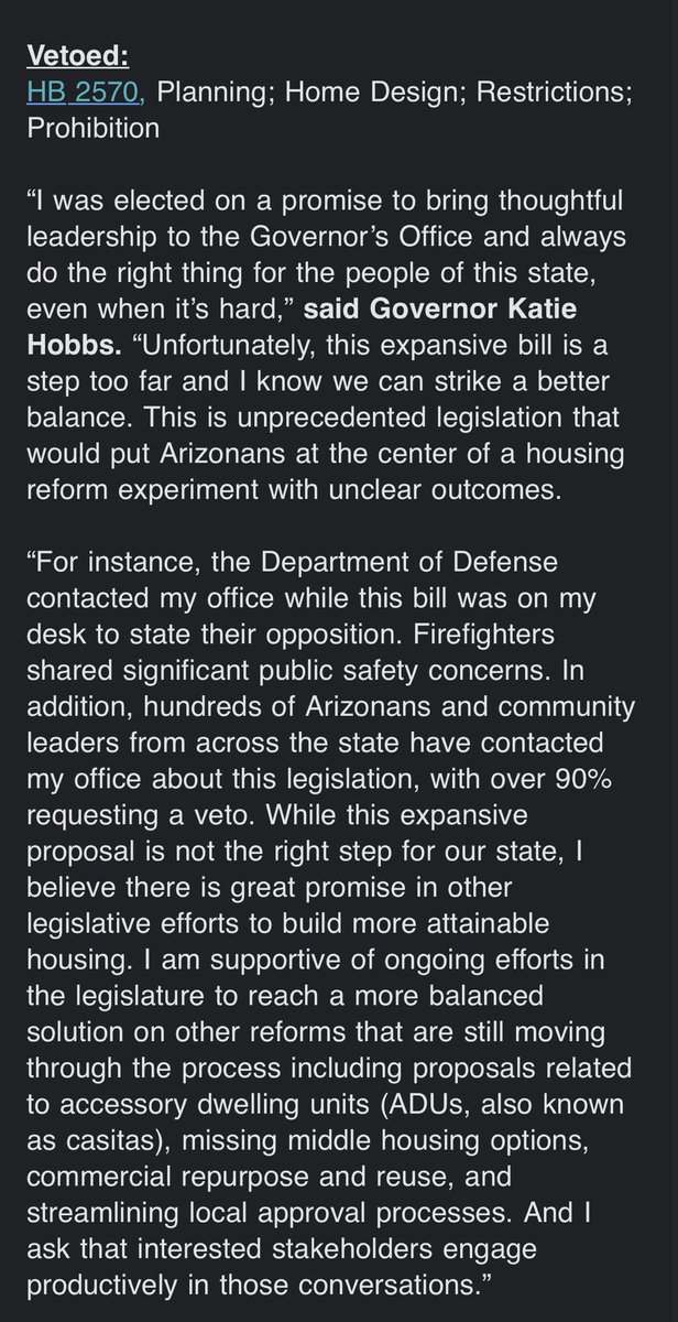 #Breaking: ⁦@GovernorHobbs⁩ vetoes the bipartisan “Arizona Starter Homes Act” (HB2570) that would have limited the zoning authority of most of the state’s cities and towns.