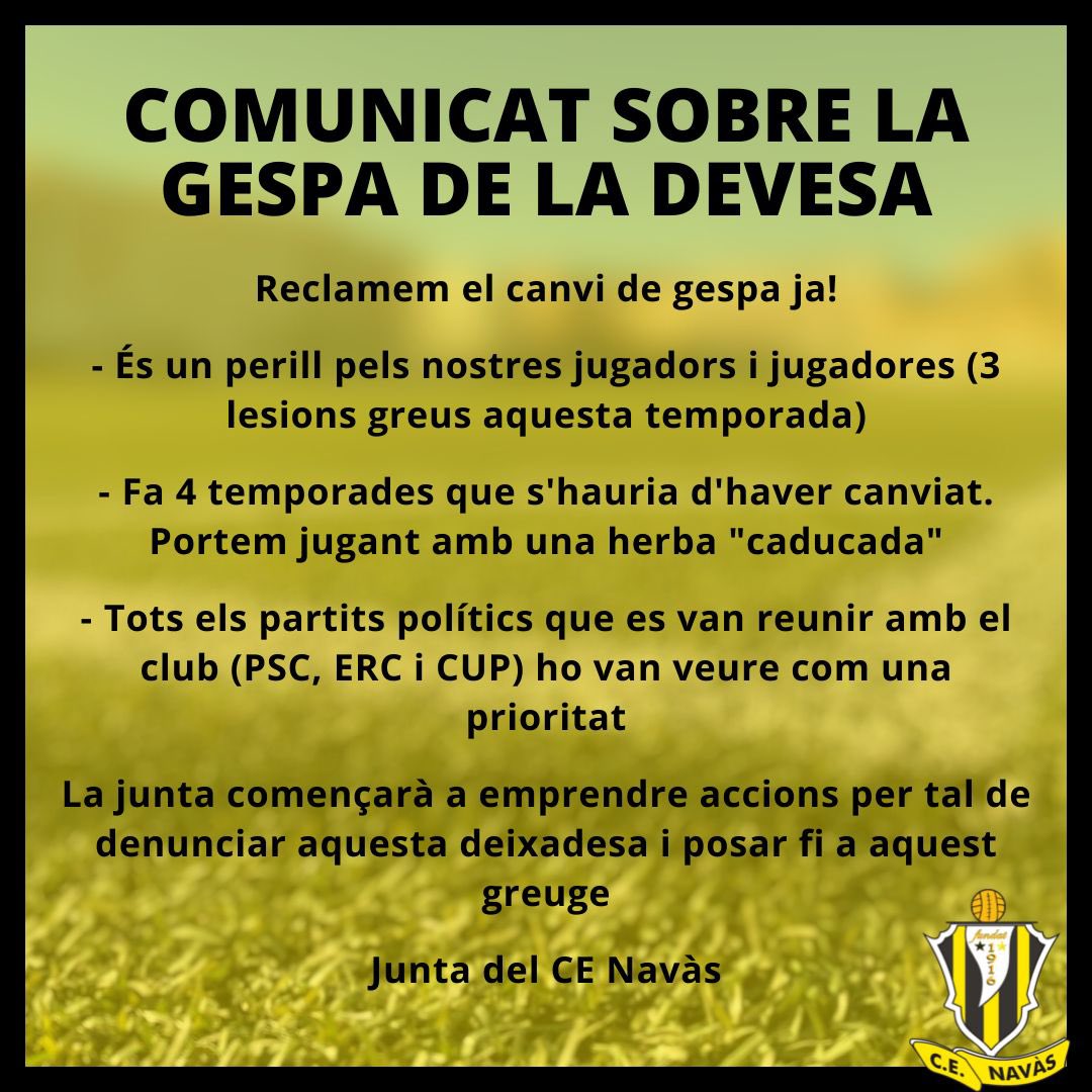 cenavasoficial's tweet photo. 🚨COMUNICAT OFICIAL DEL CLUB🚨

✍🏻 Necessitem un canvi de gespa, ja! 
El club comunica que emprendrà accions legals per fer un canvi de gespa pel bé de tots/es els futbolistes.

🗣️ Un canvi, una millora.

#gespanovaJA
#navasetstu 
#orgullgrocinegre https://t.co/U89NdI3VXq
