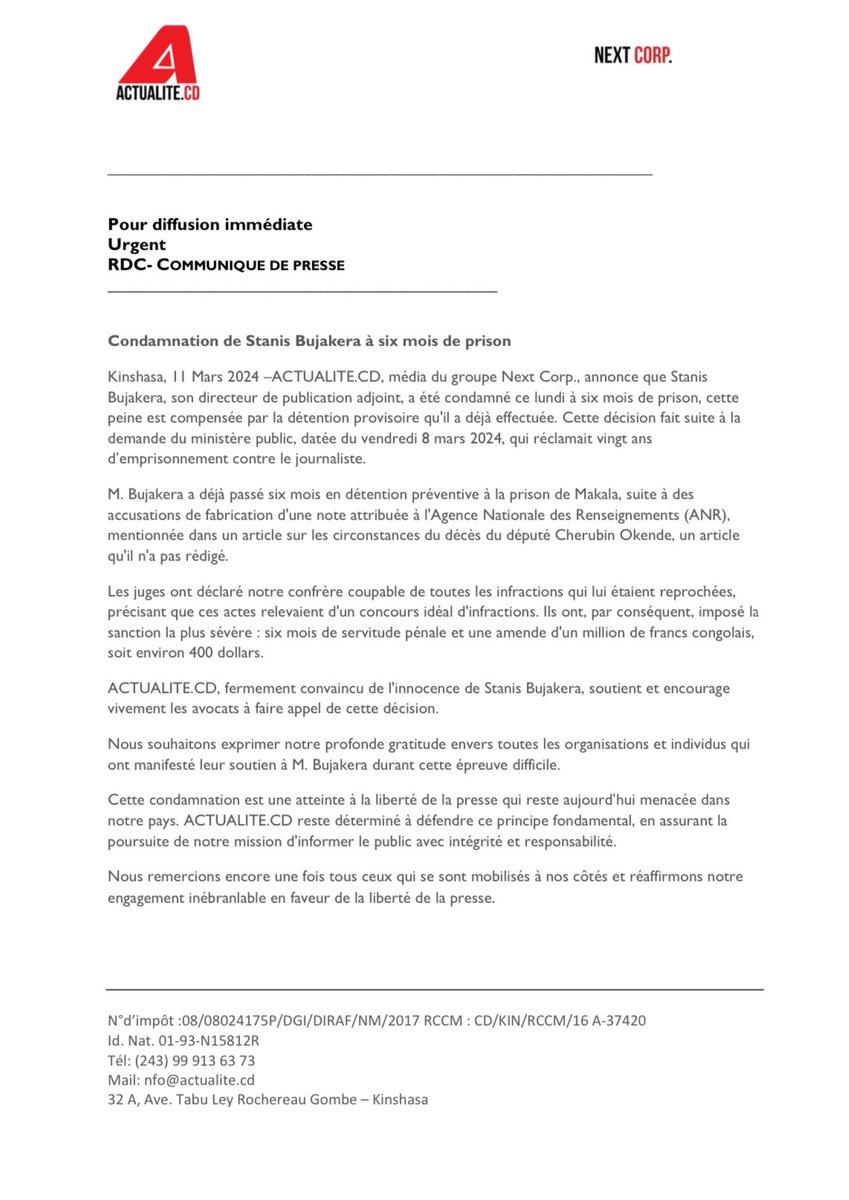 Communiqué de presse 

Condamnation de @StanisBujakera à six mois de prison