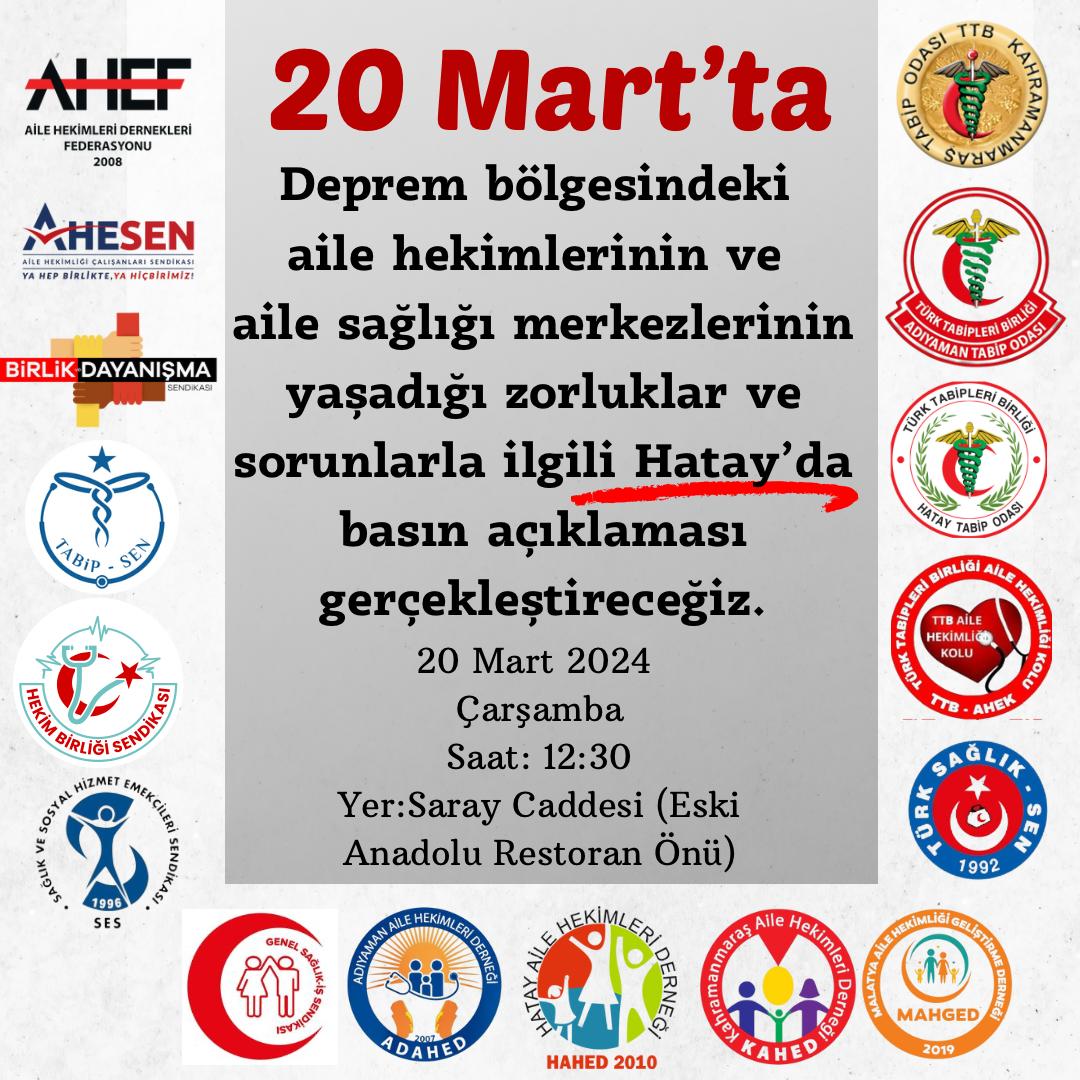 #depremdeğilsizyıktınız
Yıkımın etkileri sürüyor. Konu ile ilgili Hatay'da <a href="/hekim_birligi/">Hekim Birliği</a> <a href="/dayanismasen/">Birlik ve Dayanışma Sendikası</a> <a href="/ahesenorgtr/">AHESEN</a> <a href="/TtbAhk/">TTB Aile Hekimliği Kolu TTB-AHEK</a> <a href="/turksagliksengm/">Türk Sağlık-Sen</a> <a href="/HATAYHAHED/">HATAY AİLE HEKİMLERİ</a> <a href="/Tabip_Sen/">TABİP-SEN</a> <a href="/sesgenelmerkezi/">SES Genel Merkezi</a> @Gsi2015 <a href="/kmarastabip/">Kahramanmaraş Tabip Odası</a> <a href="/adymntabipodasi/">adıyamantabipodası</a> <a href="/HatayTabipleri/">HatayTabipOdası</a> <a href="/ADAHED1/">Adıyaman Aile Hekimleri Derneği</a> <a href="/Hahed18/">Hahed</a> <a href="/Kahed46/">Kahramanmaraş Aile Hekimleri Derneği</a> <a href="/mahged44/">MAHGED</a> ile