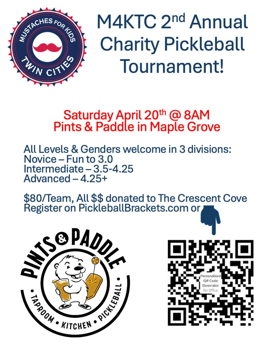 M4KTwinCities's tweet photo. Our 2nd Annual Pickleball Tournament is live!!  Register now!  All levels and ages welcome.  All proceeds go to our 2024 Charity Partner... The @CrescentCove 

https://t.co/Z7FxM7uNyb... https://t.co/BI6xuw0PFt