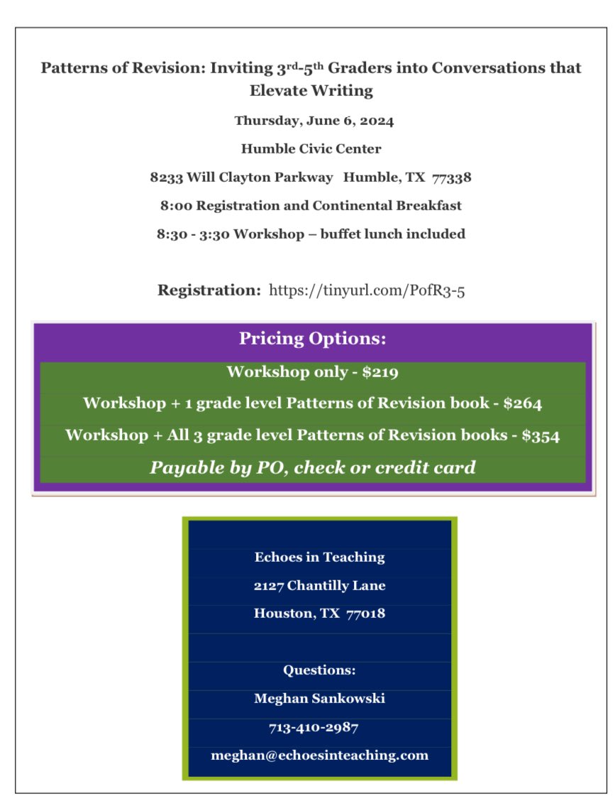 #PatternsofRevision for grades 3-5 is available, and I’d love for Houston-area teachers to join me for this PD on it in early June! Register here: tinyurl.com/PofR3-5