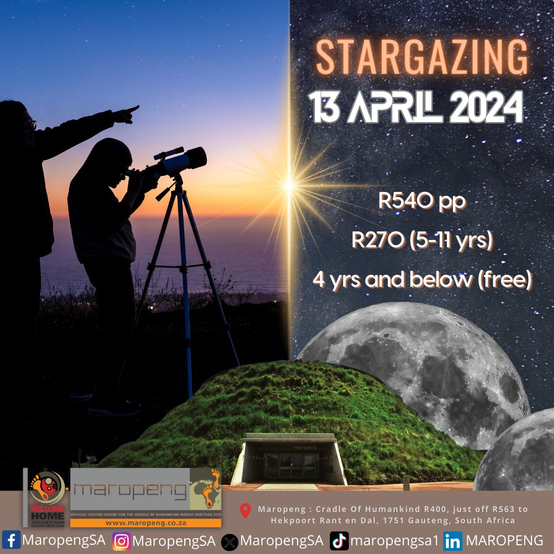 Join us for another enchanting night under the stars at #Maropeng on the 13th of April 2024. Mark your calendars and get ready for a celestial experience like no other! ✨ For bookings: email karabom@maropeng.co.za OR rb.gy/l5aw4 #Stargazing #NightUnderTheStars