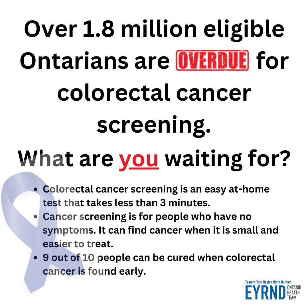 EYRND_OHT's tweet photo. Everyone should be screened for colorectal cancer once they’re 50. If you have a family history of colorectal cancer, screening should begin earlier.

Ask your primary care provider or call 811 about testing with a FIT kit for a non-invasive, painless screening option. https://t.co/jZ3yTLwpw0