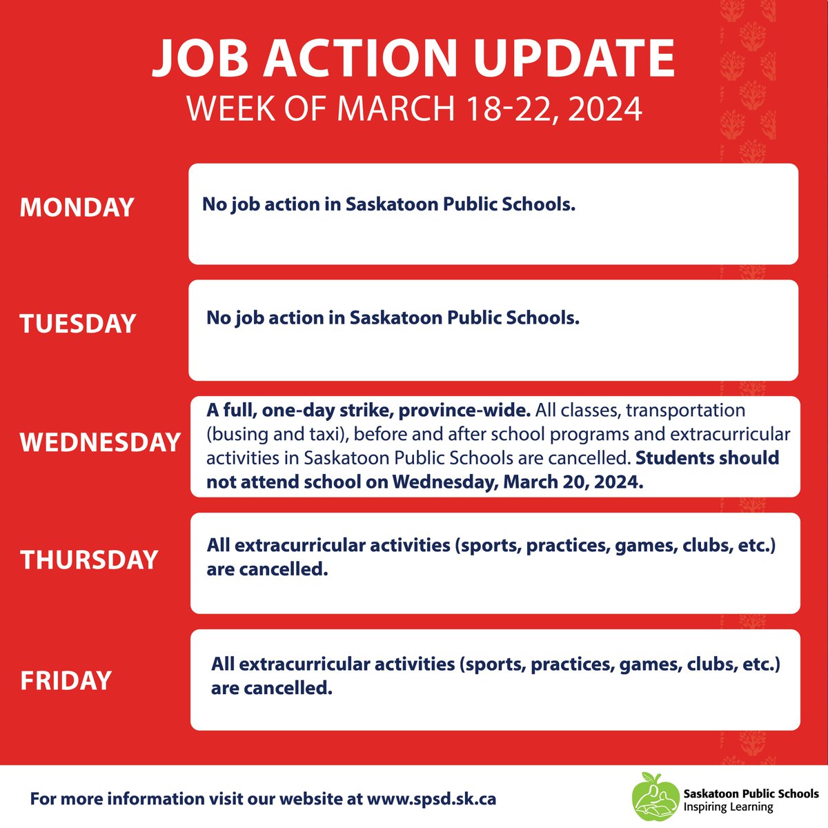An overview of STF job action this week in Saskatoon Public Schools. Please see our website for more details: saskatoonpublicschools.ca/Pages/newsitem…